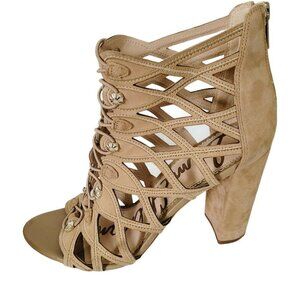 SAM EDELMAN Sz 8.5 Yeager Bootie Cage Leather Sandal Oatmeal Cutout Block Heel